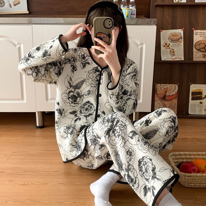 Pijamas de algodón de aire de mujeres otoño y invierno nuevo engrosado de mangas largas dulce pequeño viento fragante calentamiento conjunto de ropa de hogar se puede usar fuera