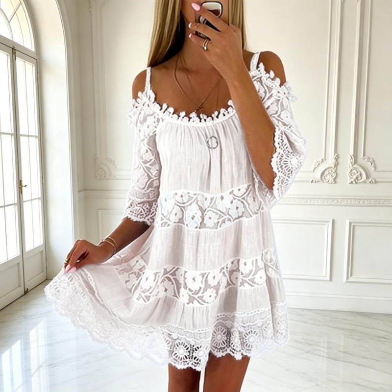 European and American foreign trade women's clothing, loose-fitting princess-style off-shoulder lace camisole dress, fashionable solid color, flattering to the complexion European and American foreign trade women's clothing, loose-fitting princess-style off-shoulder lace camisole dress, fashionable solid color, flattering to the complexion