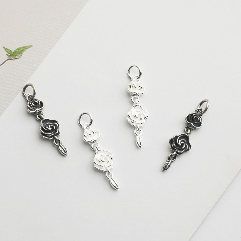 S925純銀泰銀玫瑰花吊墜手工DIY串珠編繩手鍊項鍊掛件飾品配件