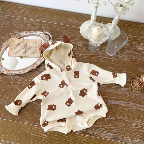 Korean version of ins spring and autumn infants and toddlers baby harem men's and women's baby cartoon bear print triangle jumpsuit crawler suit