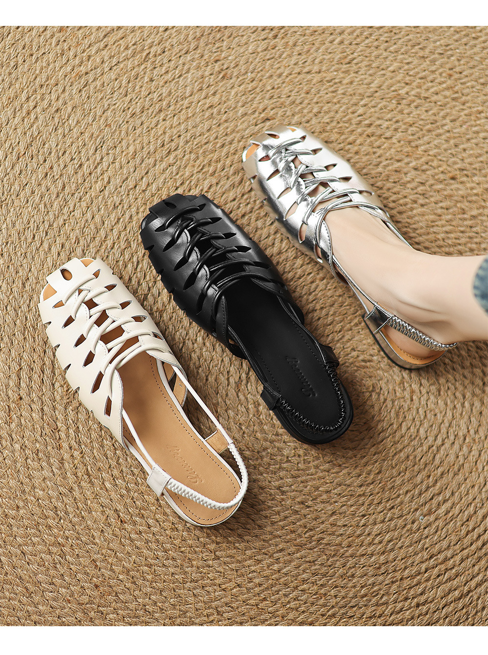 Dép sandal nữ da bò đế bệt dệt rỗng kiểu retro La Mã — đen chi tiết 1