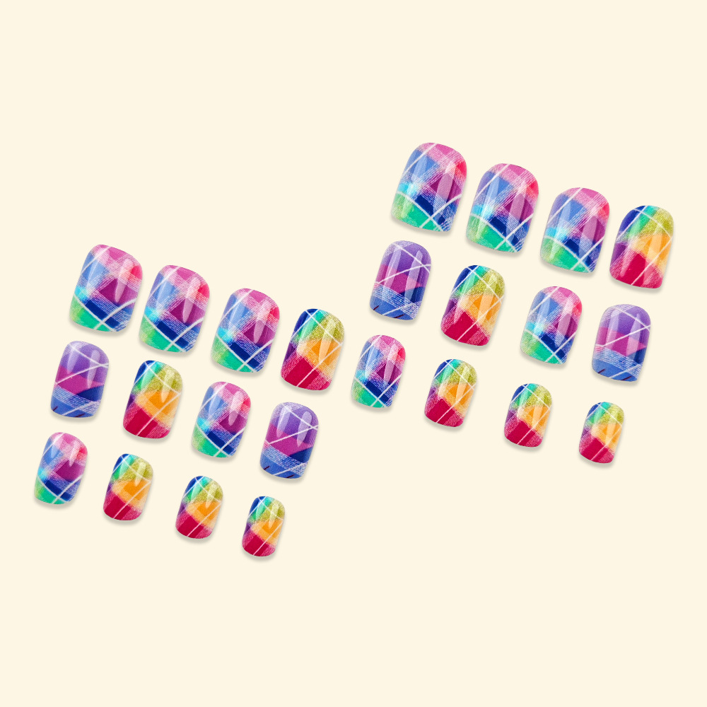 Comercio exterior arco iris cuadrícula gradiente de uñas falsas europeas y americanas 24 piezas de uñas de primavera y verano