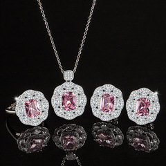 甜美清新粉紅鋯石彩寶套裝三件套項鍊戒指耳釘女閨蜜禮物直播首飾