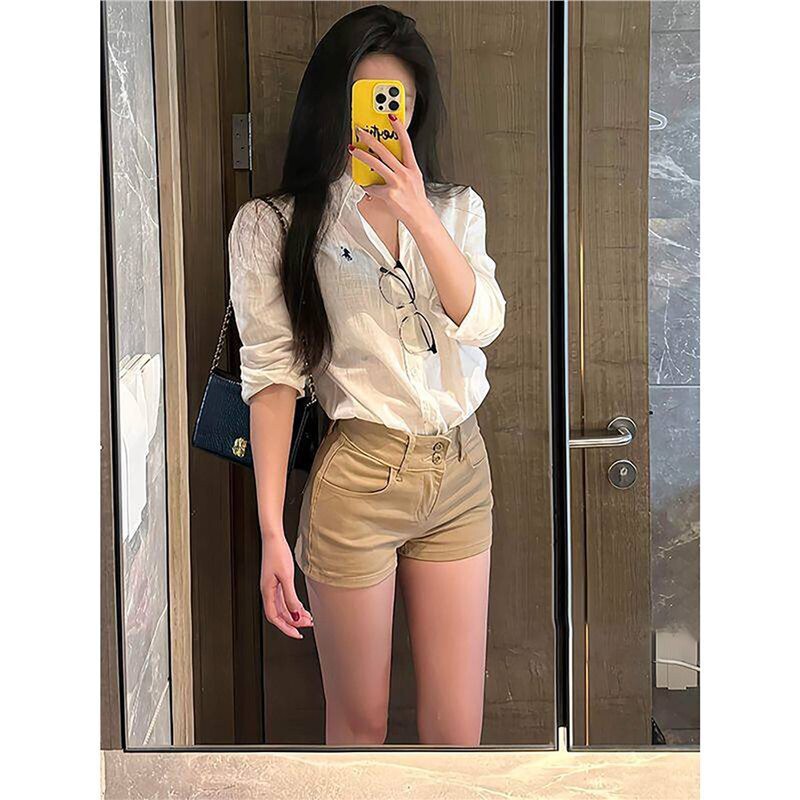 Plus-Size American-Style Khaki Denim Shorts for Women, Summer High-Waisted Tight-Fitting Hot Girl Style, Hip-Hugging, Slimming A-Line Hot Pants