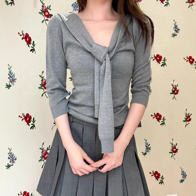 [Special Offer, No Returns or Exchanges] Navy Casual Style Lace-Up Knit Top