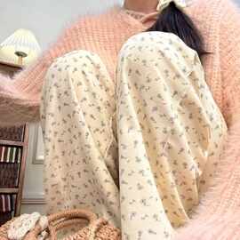 美式复古碎花灯芯绒休闲直筒裤加绒高腰阔腿裤女