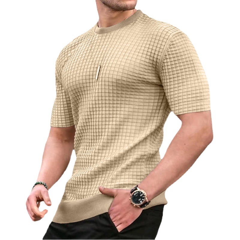2024 transfronteriza nueva estación independiente primavera y verano de los hombres de Amazon pequeña camiseta a cuadros cuello redondo casual top de moda