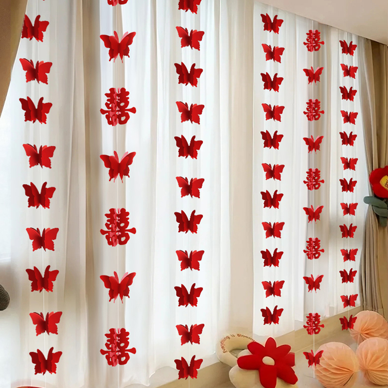 Wedding Room Decoration Set Curtain Decoration Long Strip with Double Happiness Character for Bride and Groom New House Bay Window Bedroom Wedding Butterfly Garland Wedding Room Decoration Set Curtain Decoration Long Strip with Double Happiness Character for Bride and Groom New House Bay Window Bedroom Wedding Butterfly Garland