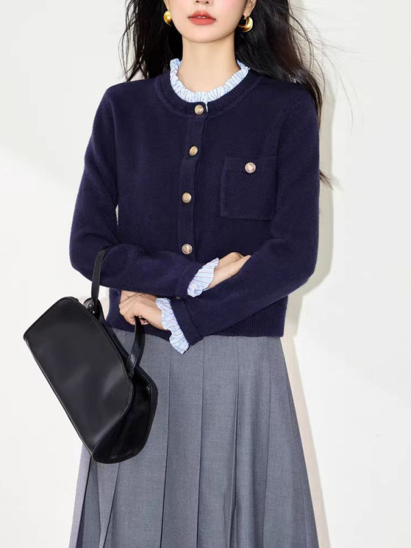 羊绒毛衣女2025秋冬新款法式小香风开衫假两件学院风花边针织外套|undefined