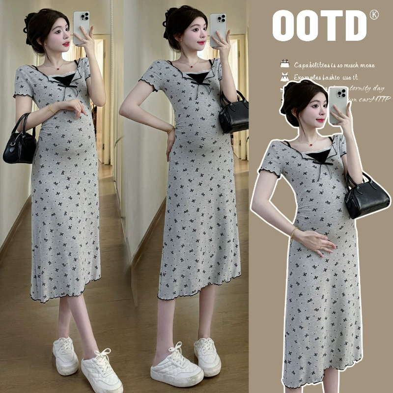 Съемка на месте ~ Одежда для беременных летняя новая тонкая вязаная юбка с бантом в форме А с короткими рукавами дизайн платье