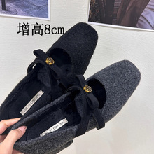 【现货】粗跟灰色玛丽珍单鞋女秋冬季加绒高跟鞋法式小香风毛毛鞋