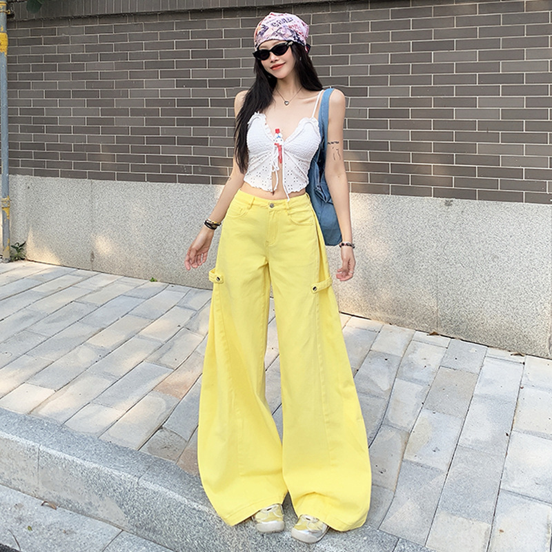 American Cherry Pink Wide-Leg Jeans with Side Buckle Design for Women 2025 Summer New Low-Waist Draped Wide-Leg Pants