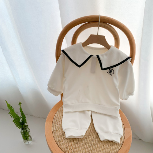 Korean children's clothing 23 autumn baby embroidered navy collar casual sweatshirt suit for boys and girls sports two-piece set
