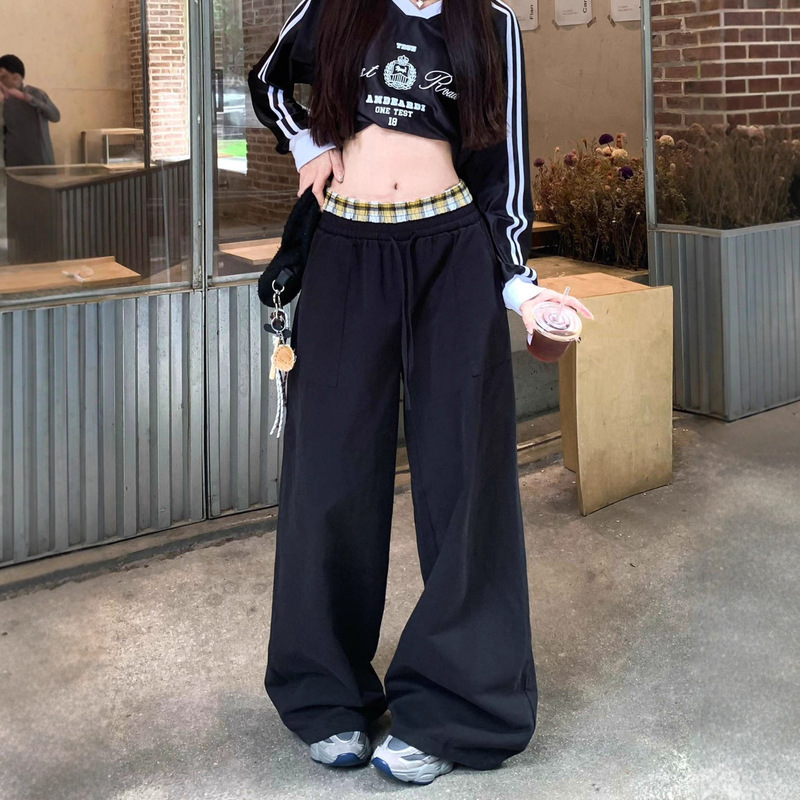 Black Design Plaid Stitching Drawstring Wide-Leg Pants Casual Pants for Women Autumn High-Waisted Loose Straight Pants Floor-Length Pants