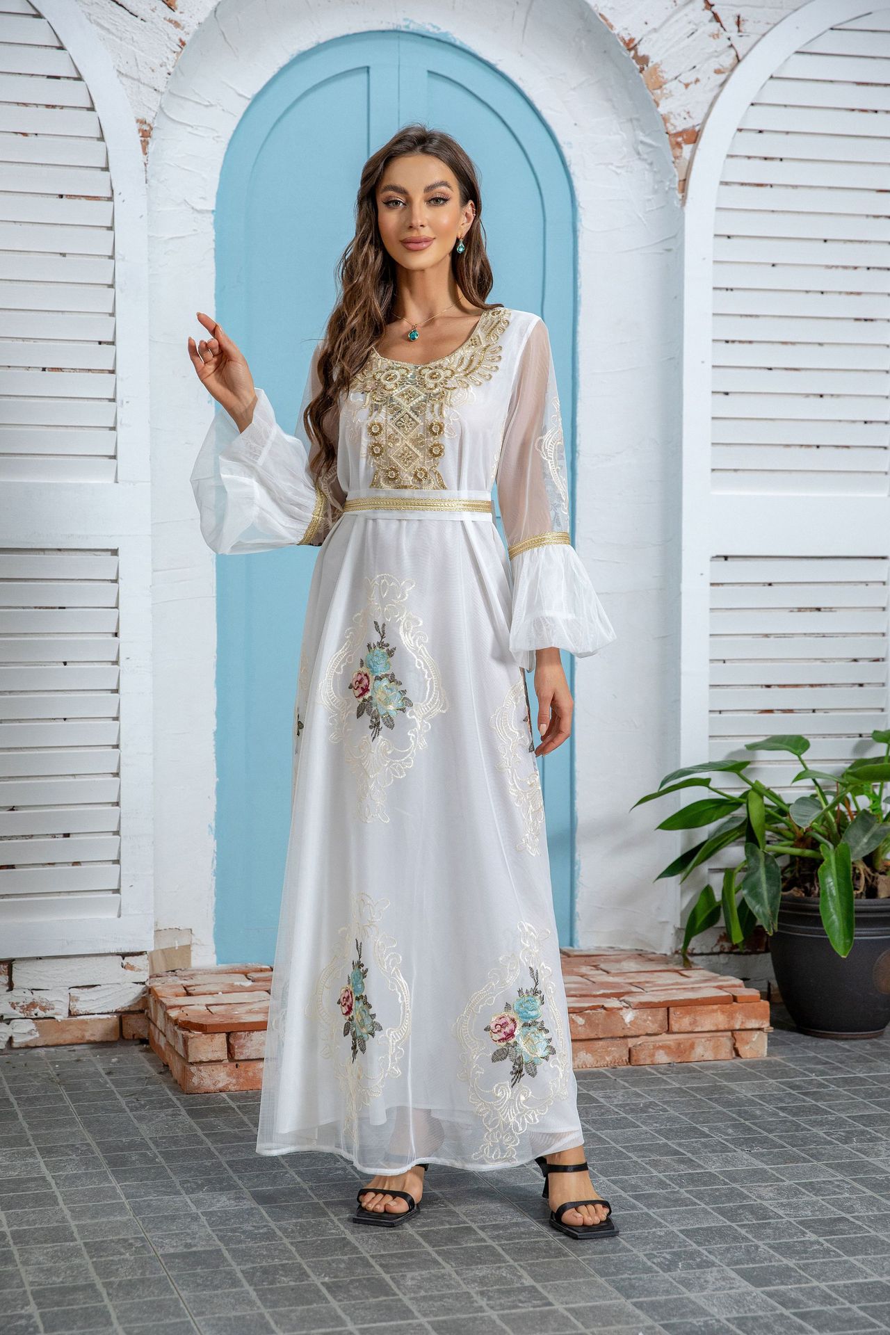 ZD020 Middle Eastern New Ethnic Style Women's Muslim Robe Dubai Evening Applique Embroidered Dress_ecoleips.com