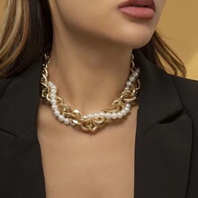 欧美金属风珍珠手工串珠编织项链复古夸张女士颈链锁骨链
