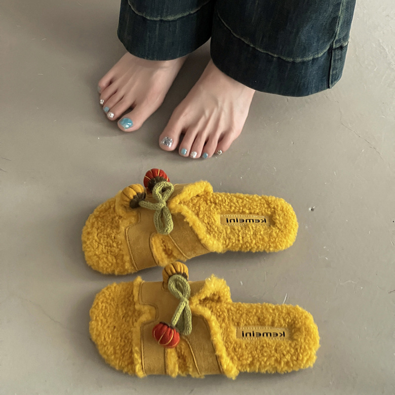 小众奶呼呼一字毛毛鞋女秋冬可爱卡通小番茄百搭休闲风外穿棉拖鞋|undefined