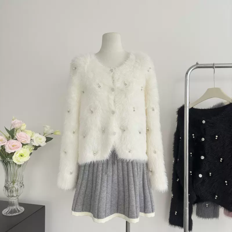 小香风钉珠仿水貂绒长毛外套女春秋新款韩版针织开衫短款外搭上衣