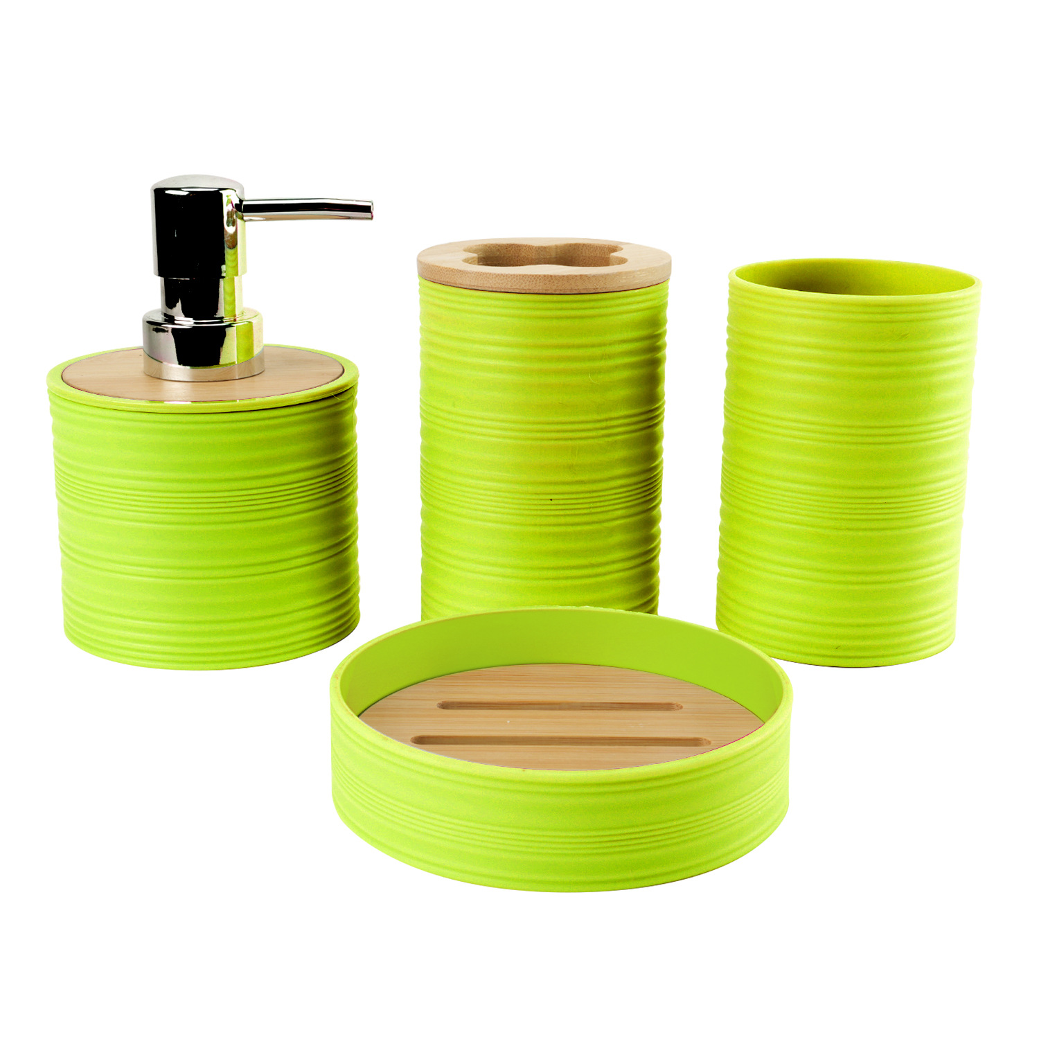 Tapa de bambú de patrón horizontal Juego de plástico de lavado de baño de cuatro piezas de fábrica al por mayor Estante de almacenamiento de baño Estante de enjuague Funda de estante de cepillo de dientes