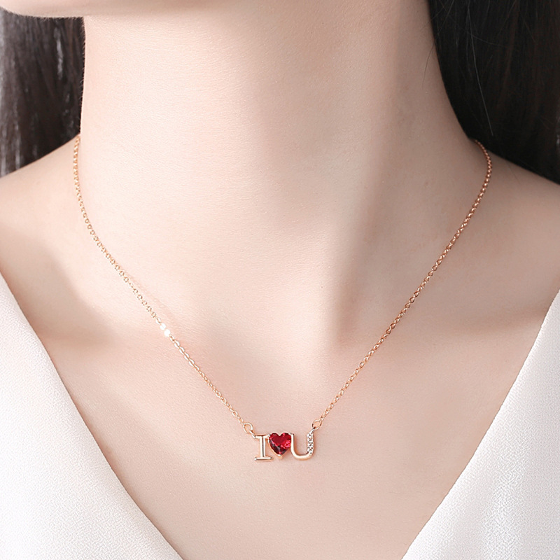 Plata esterlina s925 diamante ilovey te amo collar de cadena clavícula femenina simple joyería del Día San Valentín