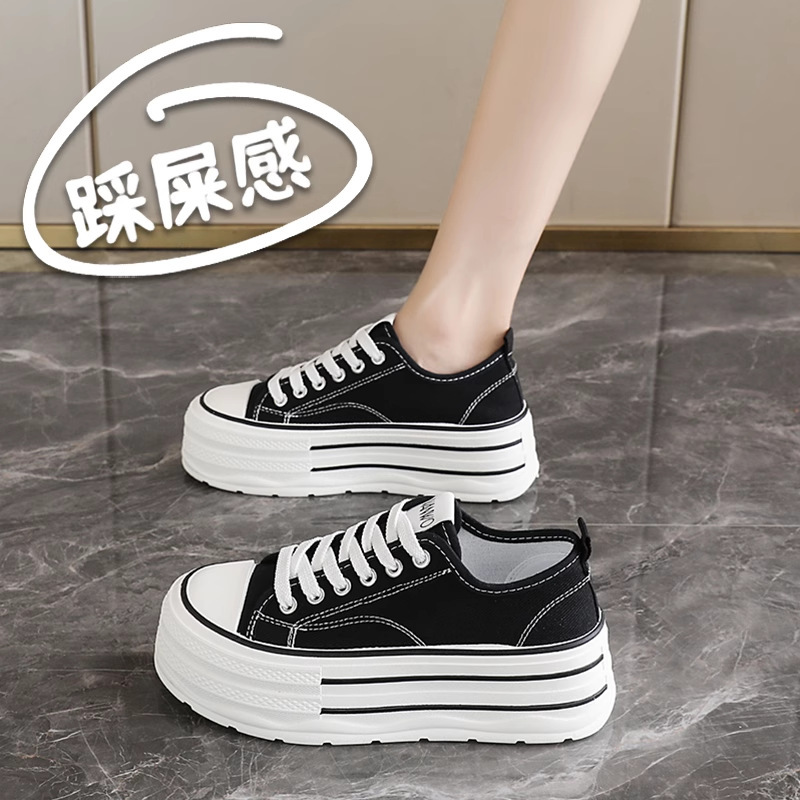 Thick-Soled Black Canvas Shoes for Women, Versatile Casual Platform Shoes, Ins Trend 34 Small Size, Small Height-Increasing Shoes for Summer