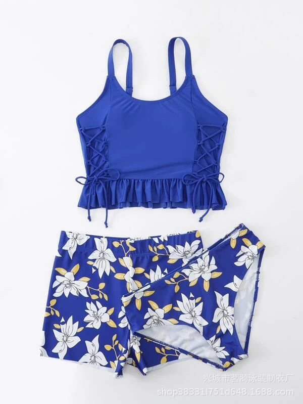 Mingyi nueva moda europea y americana sexy Bikini correa de hombro doble impresa pantalones dobles traje de baño de tres piezas para mujer