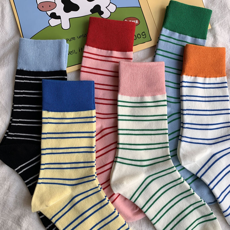 Spring and autumn color socks Japanese style dopamine fresh contrast color striped mid-calf Korean style ins fashion all-match pile socks