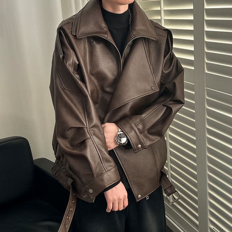 Men's Leather Jacket With Shoulder Pads And Lapel High-end Style_voghion.com