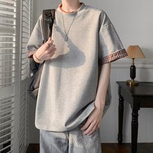 夏季格子翻边设计五分短袖男女同款假两件文艺时尚休闲T恤上衣男