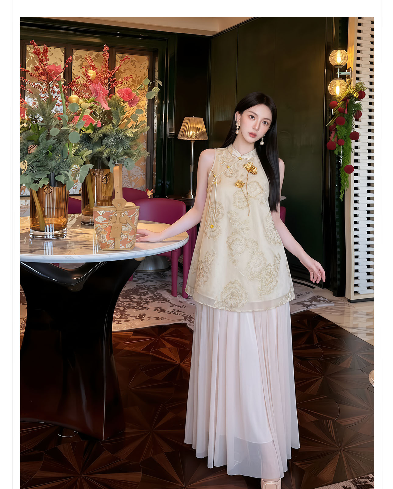 Đầm maxi nữ thắt eo thiết kế cổ điển họa tiết hoa nổi — Gừng chi tiết 6