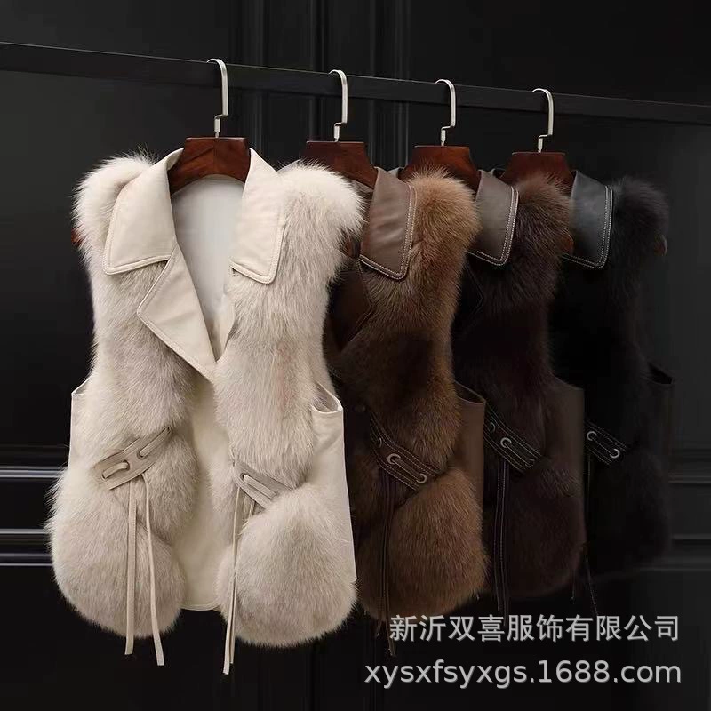Женский жилет из лисьего меха Faux Fox Fur Vest Haining (женщины), casual тёплый жилет на осень–зиму с вставками