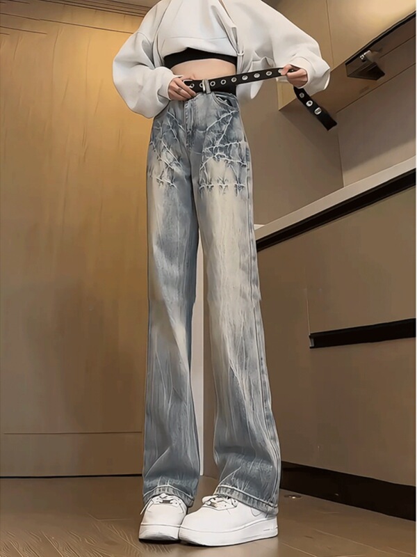 Cleanfit Lightning Pattern Jeans Men's Summer 2-Season Design Handsome Pants High Street Vibe Straight Leg Slightly Flared
