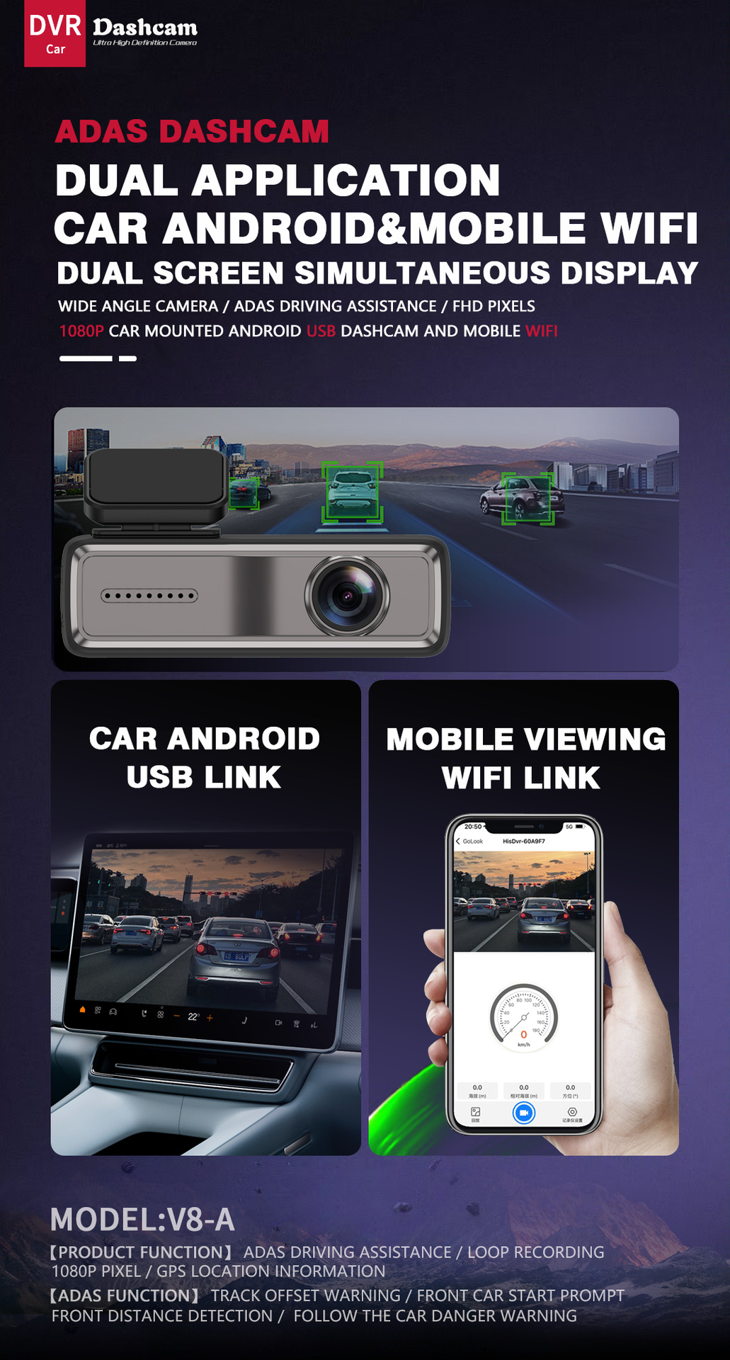 New Car-Mounted Android Central Control System with Large Screen, USB Connectivity, Wifi, Mobile Phone Connectivity, Dash Cam, and Adas Assistance
