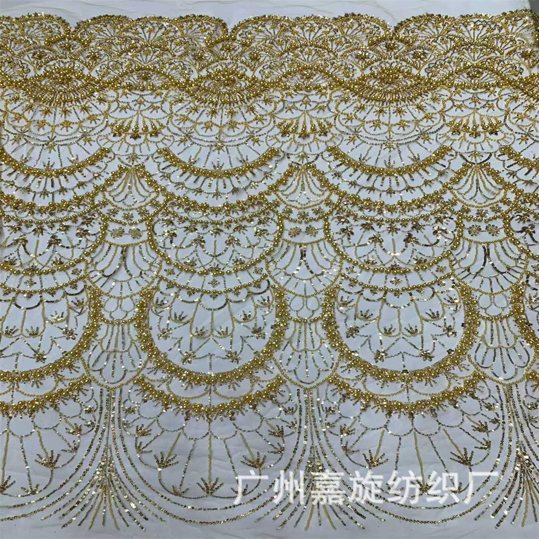 Nueva industria pesada europea y americana gran burbuja de perlas de oro tubo de perlas sequinilla tela bordada vestido de boda vestido de rendimiento encaje
