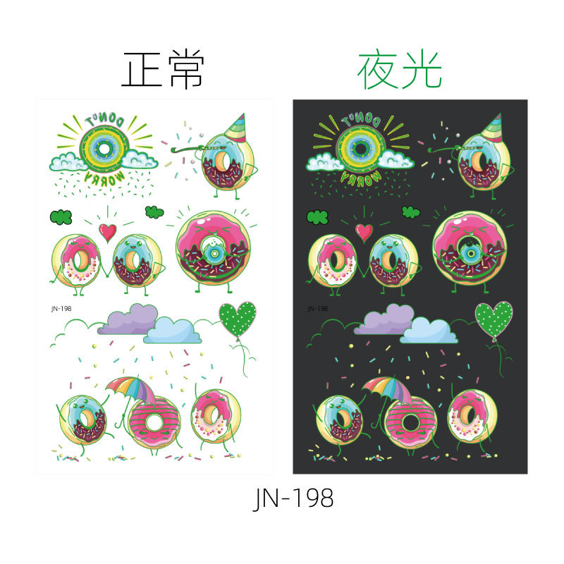 Respetuoso del medio ambiente impermeable de larga duración luminoso lindo donut niños tatuaje pegatinas luminoso postre fantasía tatuaje pegatinas