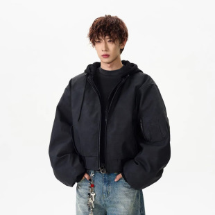 American-style High Street Heavy-weight Double-layer Fake Two-piece Hooded Leather Jacket Jacket Women's Autumn and Winter Couple Flying Suit
