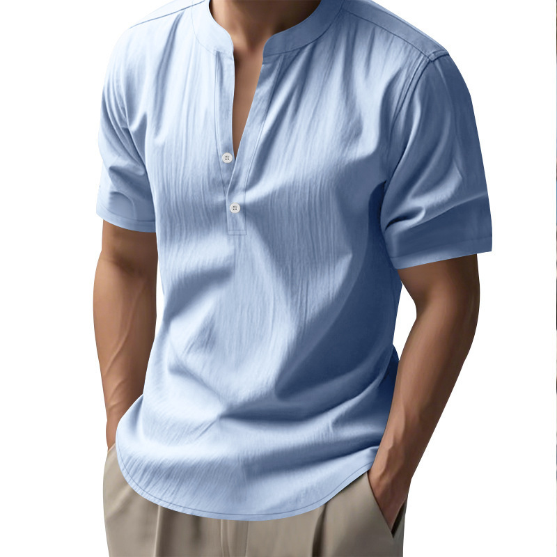 Camisa suelta casual de verano para hombres europeos y americanos, camisa de color sólido de lino de manga corta con cuello alto de moda para hombres