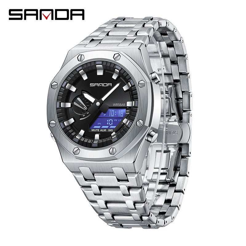 SANDA reloj electrónico popular correa de acero Luz de elevación manual reloj despertador multifuncional de moda para hombres frescos 3357