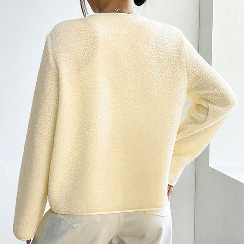 AC672 Western European French Cross-Border Early Spring New Style Plush Material Casual Fashion Loose Solid Color Crew Neck Cardigan Jacket for Women