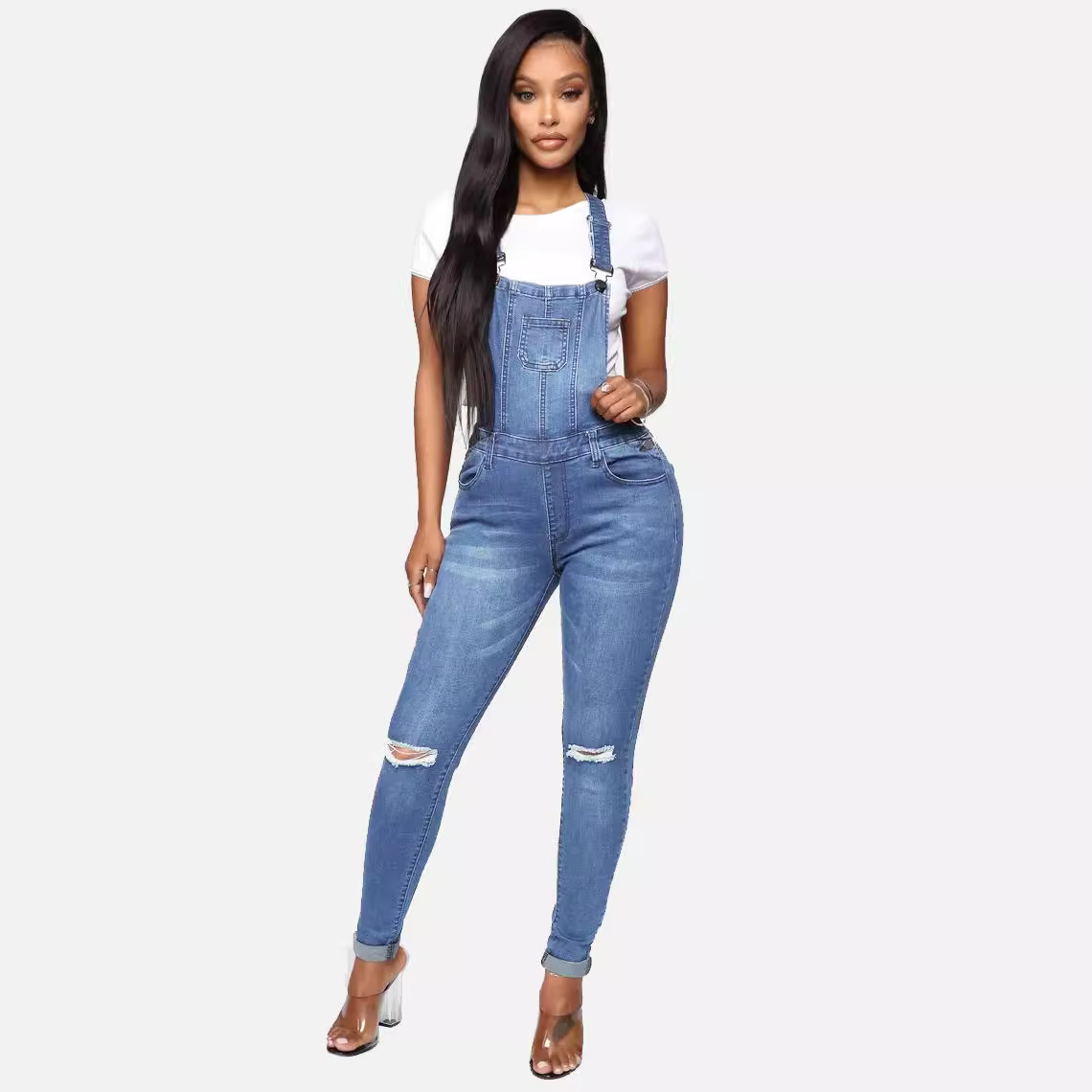 2023 Mujeres transfronterizas Amazon en stock transfronterizo europeo y americano rasgado vaqueros lavados wishebay tirantes Pantalones