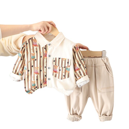  Spring New Boys' Collar Color Matching Shirt Long Sleeve Set Casual Pants Two-Piece Suit for Baby Boys 