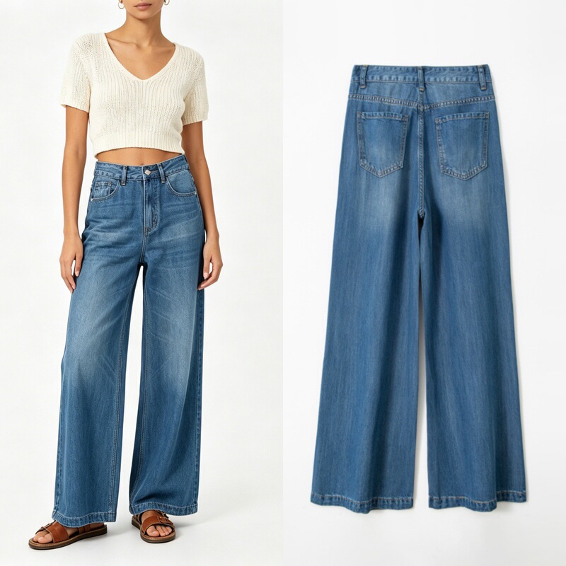 Blue Lyocell Wide-Leg Flared Jeans for Women, Summer 2026, Loose Fit, Slimming, Drapey, Cool, Non-Stretch, Floor-Length Pants Blue Lyocell Wide-Leg Flared Jeans for Women, Summer 2026, Loose Fit, Slimming, Drapey, Cool, Non-Stretch, Floor-Length Pants