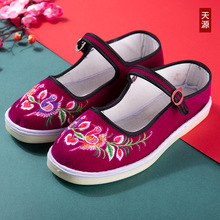 2022年手工上线棉布女士格子布花鞋复古文艺浅口一字式搭扣舞蹈鞋