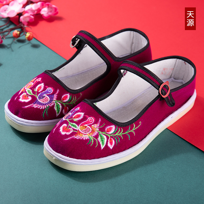 2022年手工上线棉布女士格子布花鞋复古文艺浅口一字式搭扣舞蹈鞋