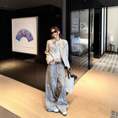 实拍 2025秋冬美式辣妹卡其色酷飒风皮衣+气质休闲豹纹牛仔阔腿裤