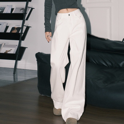 Forever 21 American White Draped Wide-Leg Jeans for Women in Autumn and Winter, Versatile High-Waisted Loose Straight-Leg Floor-Length Pants