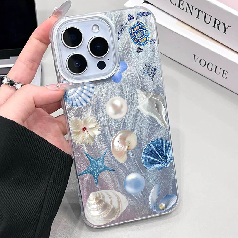 蓝色贝壳适用iphone16/17promax透明羽纱保护套苹果15全包防撞壳