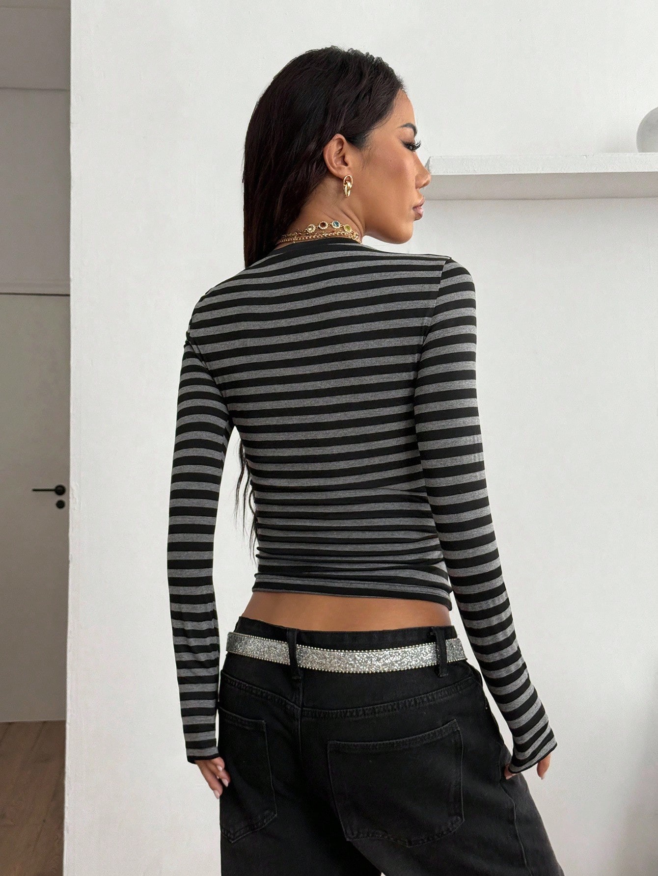 Women's Korean Style Color Block Striped Long Sleeve Round Neck Slim Fit Top For Autumn Winter Base Layer Niche Clothing_ecoleips.com