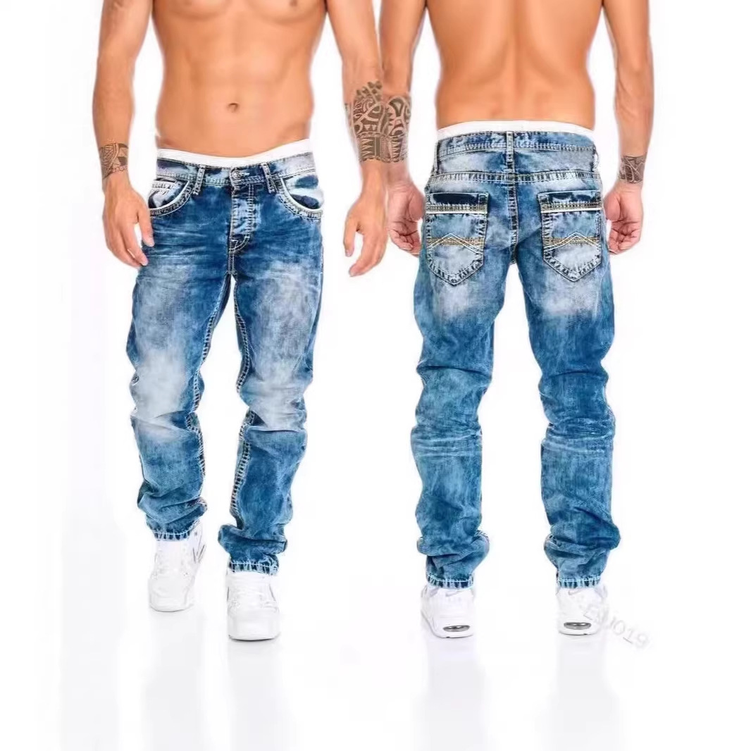 Men's Casual Distressed Straight Leg Jeans Trendy Hip Hop Pocket Trousers European American Style mid Waist Long Non-Stretch_mkmklike.com