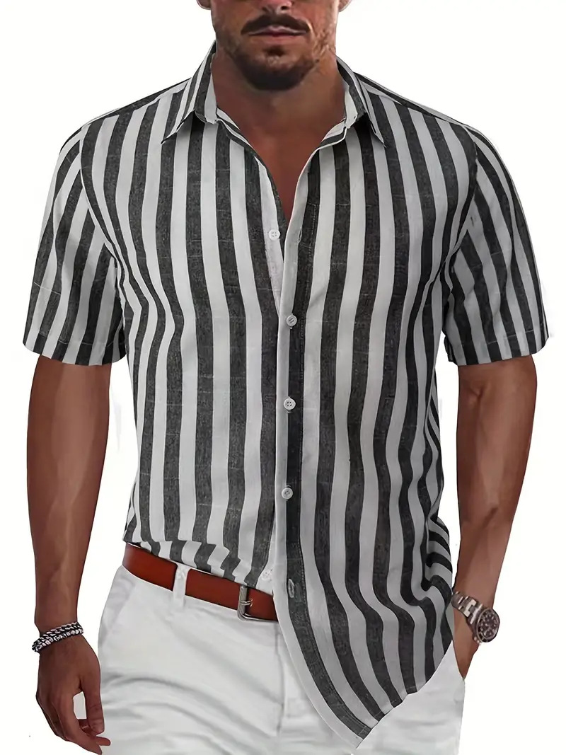 Herren Kurzarm Freizeithemd Im Streifendesign Für Den Sommer_voghion.com